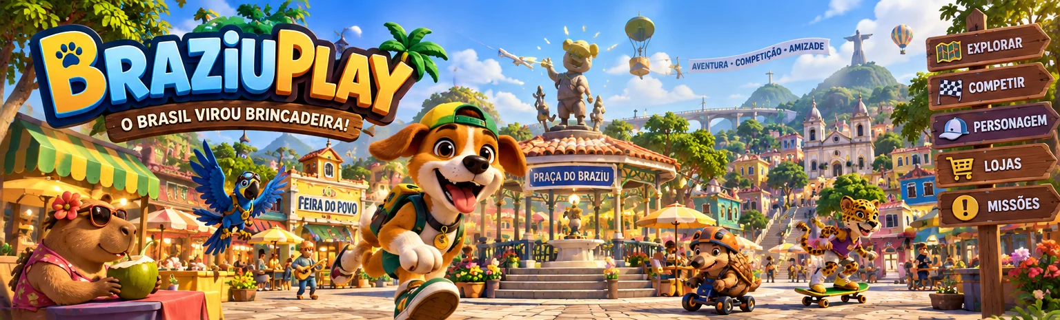 Arte conceitual do BraziuPlay com o Caramelo na Praça do Braziu, cenários brasileiros e amigos animais.